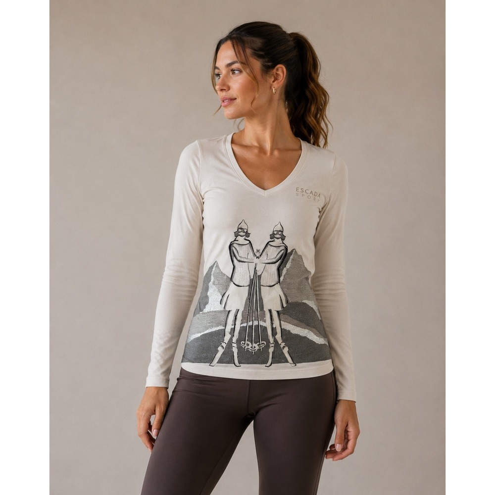 Escada Sport White Ski Graphic V-Neck Long Sleeve Top Glitter Accents XS Greece